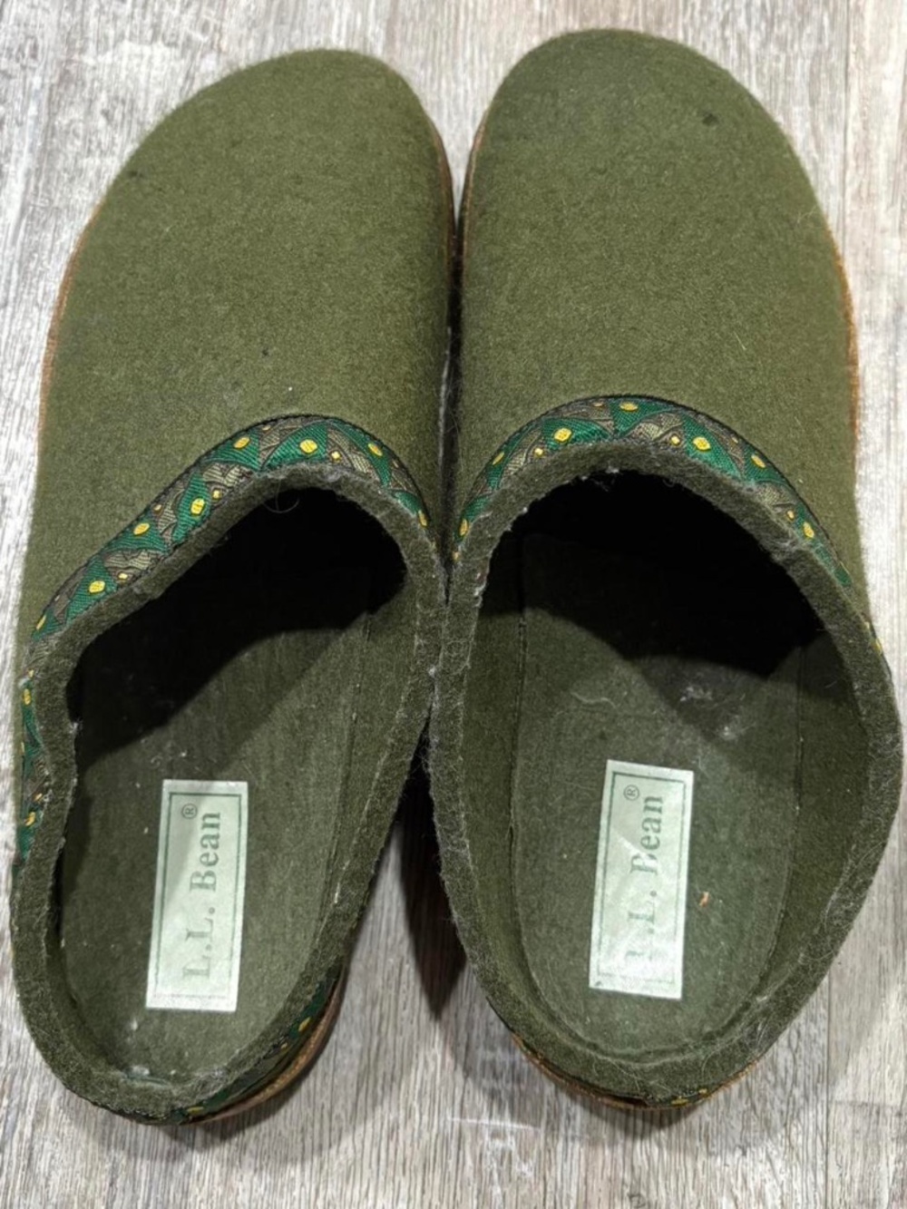 L.L.Bean green felt clogs with cork sole with jacquard trim - size 7